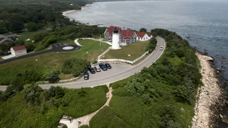 Scenic-View-Of-Nobska-Lighthouse-In-Falmouth,-Massachusetts,-United-States---aerial-drone-shot