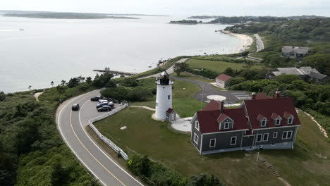 Aerial-View-Over-Nobska-Lighthouse-In-Falmouth,-Massachusetts---drone-shot