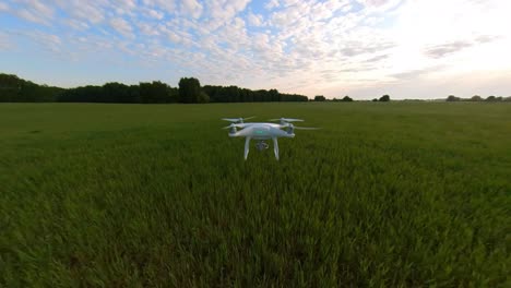 Slow-motion-wide-angle-shot-of-a-drone-flying-low-over-green-agricultural-fields