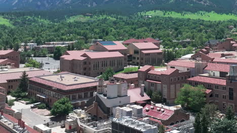 CU-Boulder-USA,-University-of-Colorado-Campus,-Drone-Shot-of-Buildings-and-Streets-on-Sunny-Day