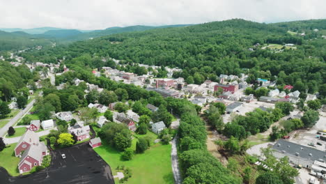 Summer-Aerial-View:-Vibrant-Downtown-Ludlow,-VT-from-Above