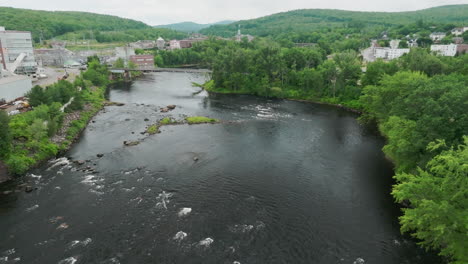 Aerial-Footage-of-Rumford,-Maine:-Androscoggin-River-and-the-Mill