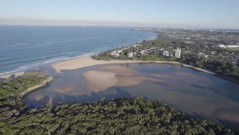 Panoramic-View-of-the-Ocean,-Currimundi-Lake-and-Creek,-Sunshine-Coast,-Queensland,-Australia,-Aerial-Shot