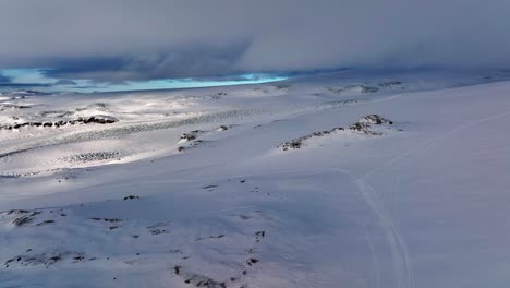 Aerial-panoramic-landscape-view-of-Myrdalsjokull-glacier-covered-in-snow-in-Iceland,-on-a-cloudy-evening