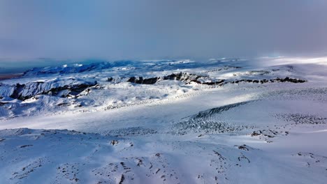 Vista-Aérea-Del-Paisaje-Del-Glaciar-Myrdalsjokull-Cubierto-De-Nieve-En-Islandia,-Al-Atardecer