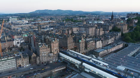 Aerial-view-looking-out-over-Edinburghs-Old-town-at-dusk