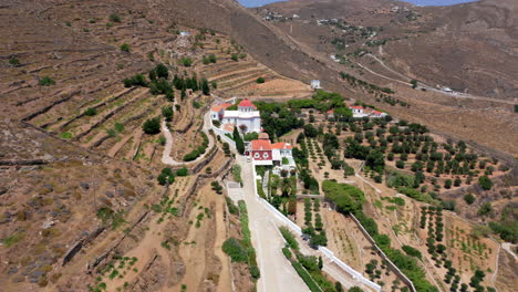 Aerial:-Flying-over-the-Monastery-of-Saint-Barbara-in-Ermoupoli-city-of-Syros-island,-Greece