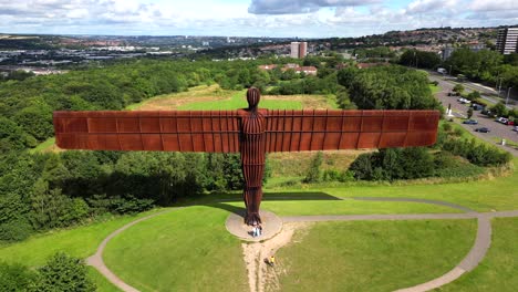 Wide-sunny-aerial-view-of-the-Angel-of-the-North-Statue,-Newcastle-UK
