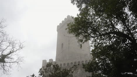 Camera-moving-through-trees,-towards-castle-in-Erice-Sicily