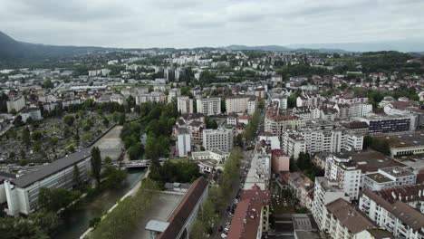 City-Buildings-of-Annecy,-France---Aerial-Drone-Establishing-Panorama