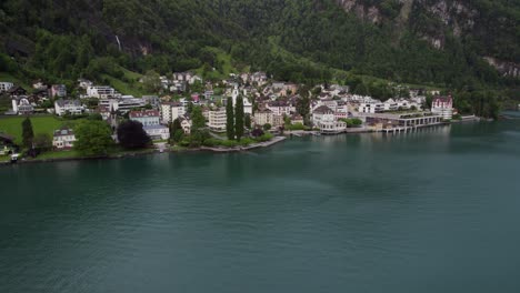 Town-of-Vitznau-on-Lake-Lucerne,-Switzerland---Aerial-Drone-Approach