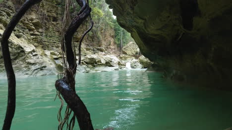 Stunning-natural-turquoise-lake-in-river-gorge-at-Palawan-Philippines---Moving-backward-close-to-steep-cliff-with-roots-passing-close-to-camera---Slow-motion