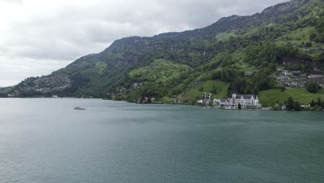 Beautiful-Lake-Lucerne-Landscape-in-Swiss-Alps-Mountains-near-Vitznau,-Switzerland---Aerial-Drone-View