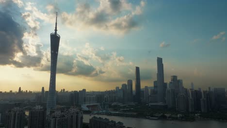 Cloudy-golden-hour-over-a-city-in-Gangdong-downtowen,-China