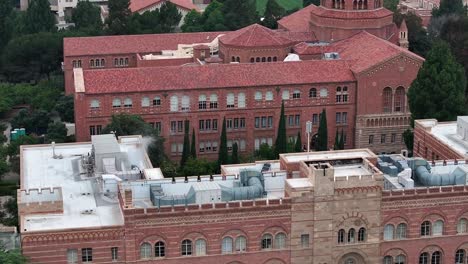 Aerial-flyover-view-of-UCLA-department-of-English-and-Instructional-media-buildings-on-Los-Angeles-campus