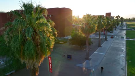 Palm-tree,-Bear-Down-sign,-and-academic-buildings-on-University-of-Arizona-campus