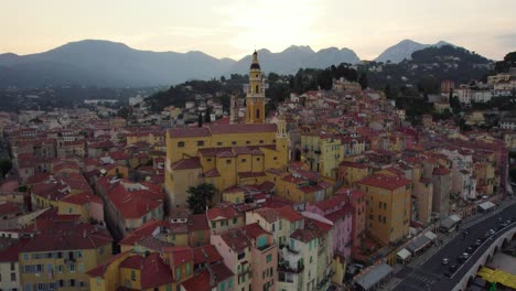 Beautiful-Colorful-Buildings-of-South-of-France-City-of-Menton,-Aerial-Drone-Flight