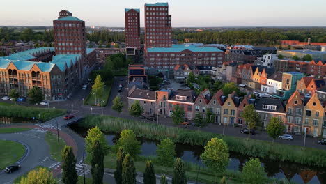 Golden-hour-with-modern-buildings-at-Amersfoort-Vathorst,-The-Netherlands