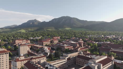CU-Boulder-Campus,-Drone-Shot-of-University-Buildings-and-Flatiron-Mountains-on-Sunny-Summer-Day