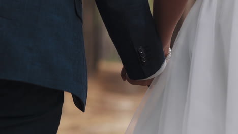 Newlywed-wife-and-husband-walk-joining-hands-at-wedding