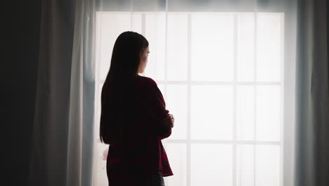 Silhouette-of-woman-with-long-hair-stands-near-French-window