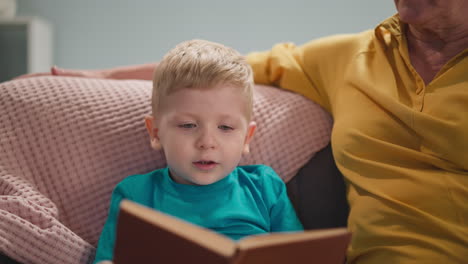 little-kid-with-blond-hair-reads-a-book-with-his-babysitter