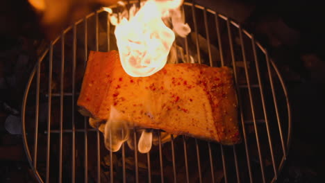 Piece-of-seasoned-trout-cooked-with-burning-flame-on-grill