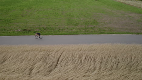 Drone-trucking-pan-follows-cyclist-riding-along-grassy-field,-smooth-asphalt
