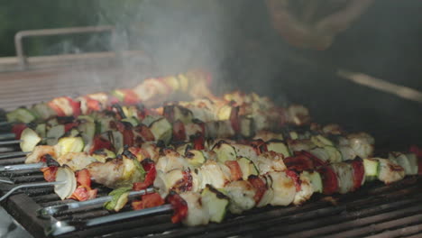 Close-up-man-adding-olive-oil-to-grill-with-chicken-skewers-or-brochettes