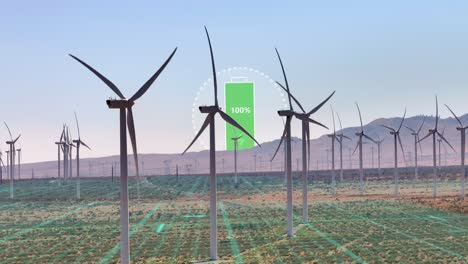 Wind-turbine-grid,-generating-energy,-charging-a-battery--motion-graphics-render,-aerial-static
