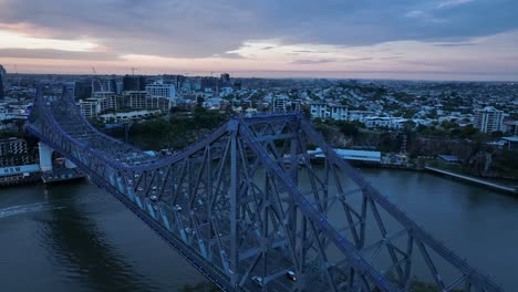 Drone-shot-of-Story-Bridge,-camera-Story-bridge-with-Brisbane-CBD,-river-and-Howard-Smith-Wharves-in-background