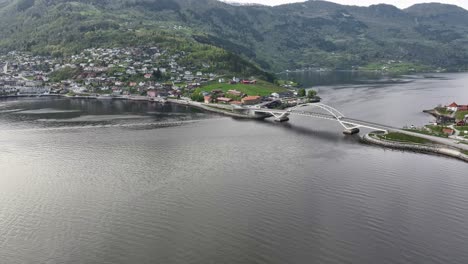 Sogndal-bridge-aerial-with-traffic---Approaching-bridge-crossing-Sogndalsfjord