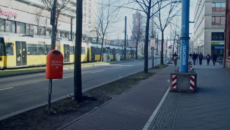 Establishing-of-Berlin-street,-sustainable-transportation-with-tram-and-cyclist