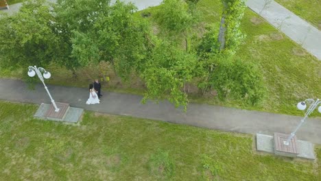 newly-wedded-couple-walks-on-road-in-green-park-upper-view