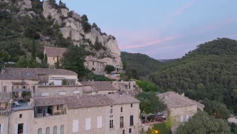 Aerial-Drone-shot-Vaucluse-Provence-Seguret-Medieval-Town-Vineyards-Sunset-France