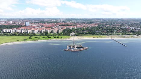 Aerial-of-Ribersborgsstranden-Beach-and-wharf,-public-city-park-and-recreation-area-in-Malmo,-Sweden