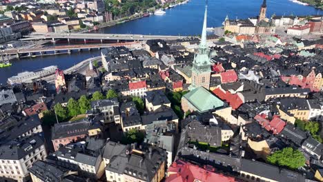 Amazing-aerial-reveal-of-Stockholm-cityscape-over-old-town-Gamla-Stan-with-iconic-buildings