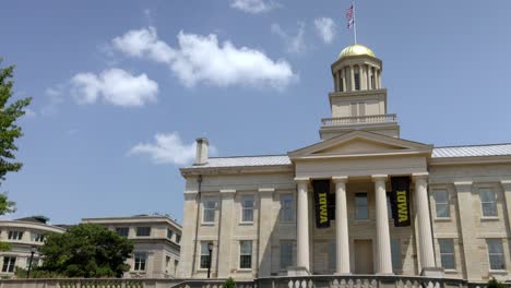 Old-Capitol-building-on-the-campus-of-the-University-of-Iowa-in-Iowa-City,-Iowa-with-gimbal-video-panning-left-to-right-close-up