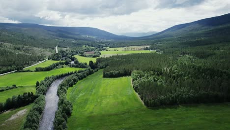 Aerial-View-Of-Lush-Green-Forest,-Fields,-And-River-In-Daytime-In-The-Countryside