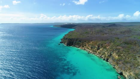 Aerial-panoramic,-sandy-coastline-cliffs-and-steep-caribbean-drop-off-into-ocean
