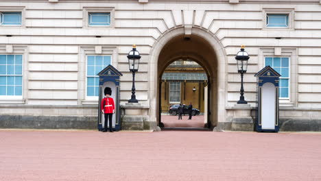 Sentry-of-Grenadier-guard-at-Buckingham-Palace,-London