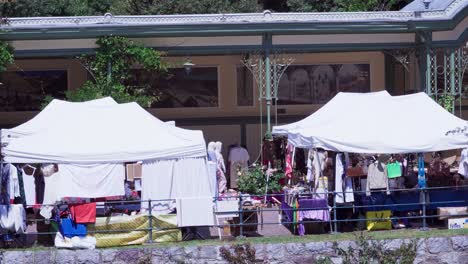 The-monthly-flea-market-in-front-of-the-Wandelhalle-along-the-Winter-Promenade-in-Meran,-South-Tyrol,-Italy