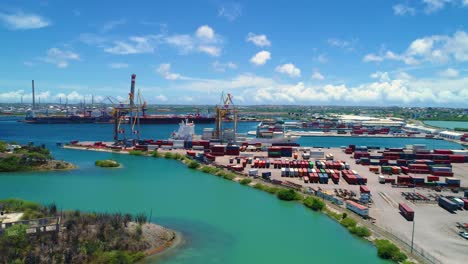 Aerial-panoramic-view-of-shipping-container-port-clear-blue-sky-sunny-day-Curacao-Caribbean