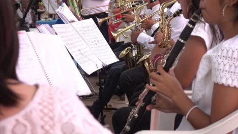 Toma-En-Cámara-Lenta-De-Clarinetistas-Y-Saxofonistas-Tocando-Música-Juntos-En-Armonía