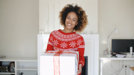 Glückliches-Lächelndes-Mädchen-Mit-Afro-Frisur-Hält-Geschenk