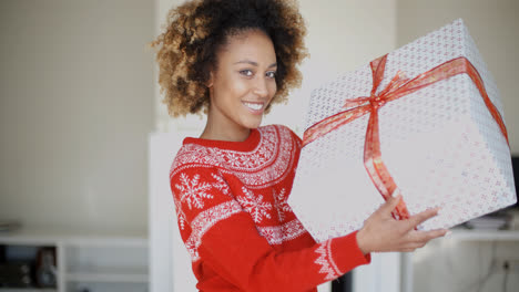 Glückliches-Lächelndes-Mädchen-Mit-Afro-Frisur-Hält-Geschenk