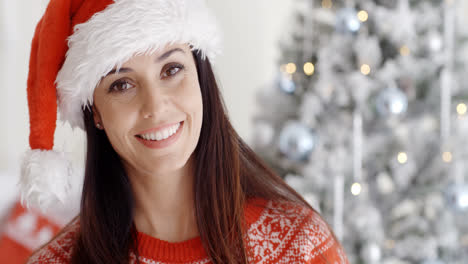 Hermosa-Joven-Sonriente-Con-Un-Sombrero-De-Papá-Noel