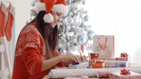 Junge-Frau-Sitzt-Und-Verpackt-Weihnachtsgeschenke