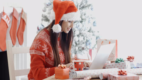 Lächelnde-Junge-Frau-Surft-Nach-Weihnachtsschnäppchen