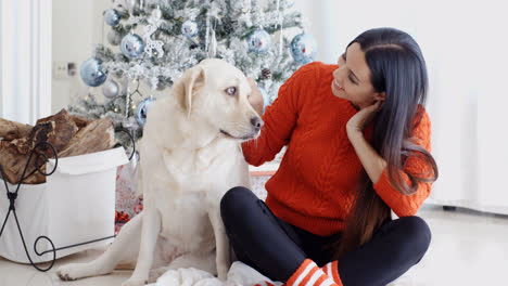 Junge-Frau-Und-Ihr-Hund-Feiern-Weihnachten